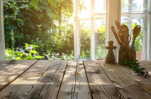 de madera mesa con utensilios y taza de líquido foto