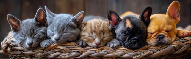 Group of Cats and Dogs Sleeping in a Basket photo