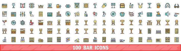 100 bar icons set, color line style vector