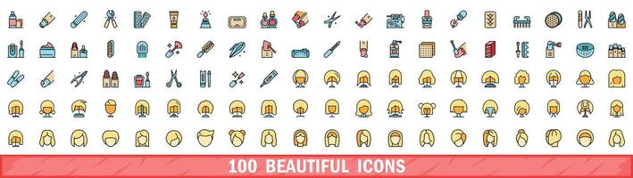 100 beautiful icons set, color line style vector