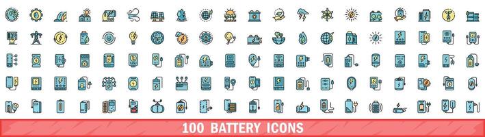100 battery icons set, color line style vector