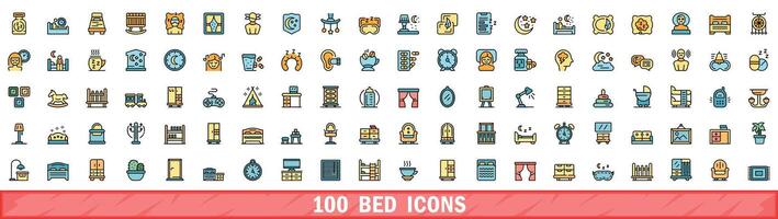 100 bed icons set, color line style vector
