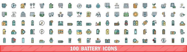 100 battery icons set, color line style vector