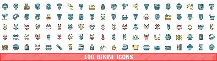 100 bikini icons set, color line style vector
