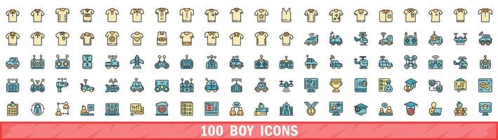 100 boy icons set, color line style vector