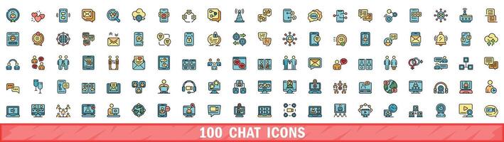 100 chat icons set, color line style vector