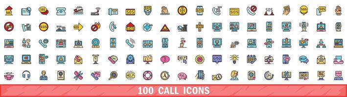 100 call icons set, color line style vector