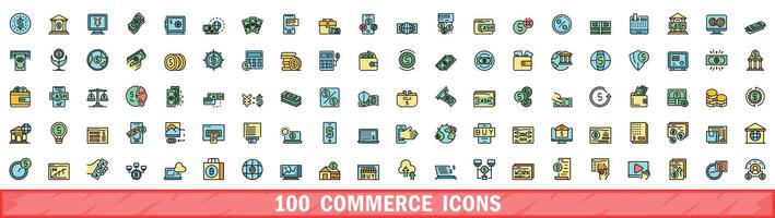 100 commerce icons set, color line style vector