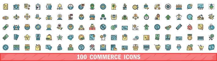 100 commerce icons set, color line style vector