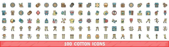 100 cotton icons set, color line style vector