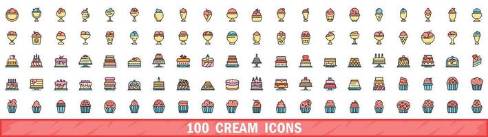 100 cream icons set, color line style vector