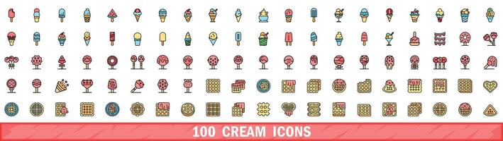 100 cream icons set, color line style vector