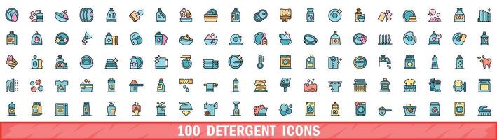 100 detergent icons set, color line style vector