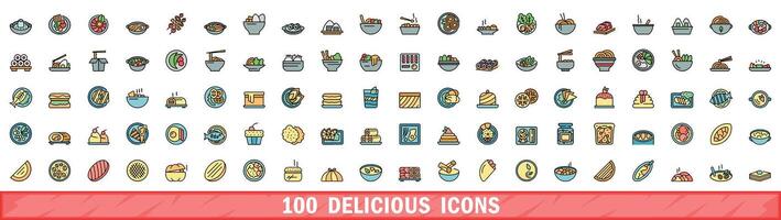 100 delicious icons set, color line style vector