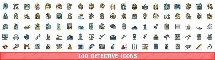 100 detective icons set, color line style vector