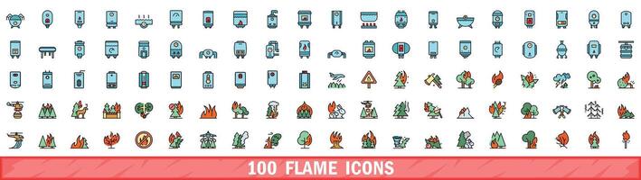 100 flame icons set, color line style vector