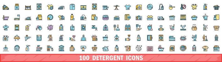 100 detergent icons set, color line style vector