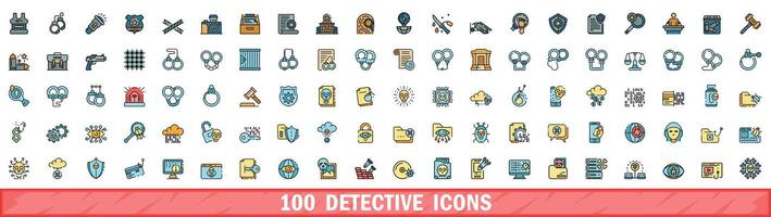 100 detective icons set, color line style vector