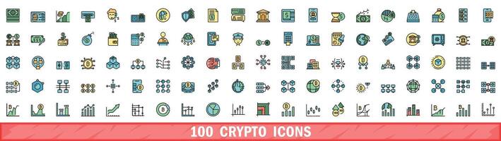 100 crypto icons set, color line style vector