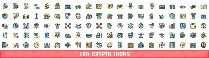 100 crypto icons set, color line style vector