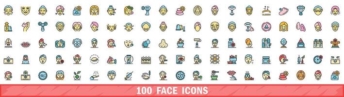 100 face icons set, color line style vector