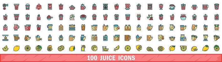 100 juice icons set, color line style vector