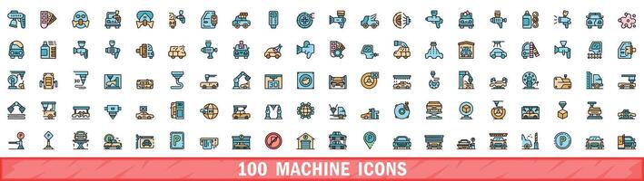 100 machine icons set, color line style vector