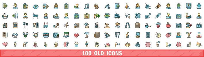 100 old icons set, color line style vector