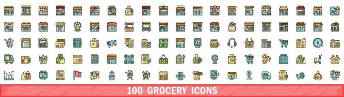 100 grocery icons set, color line style vector