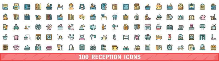 100 reception icons set, color line style vector