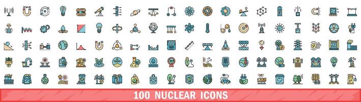 100 nuclear icons set, color line style vector