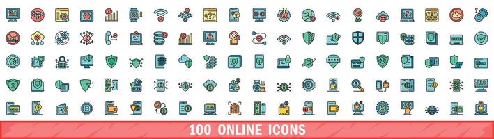 100 online icons set, color line style vector