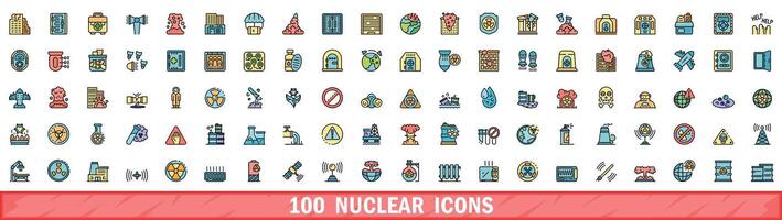 100 nuclear icons set, color line style vector