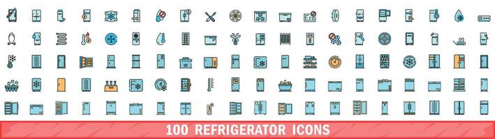 100 refrigerator icons set, color line style vector