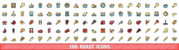 100 roast icons set, color line style vector