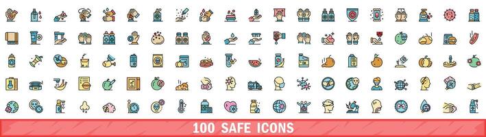 100 safe icons set, color line style vector