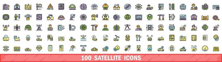 100 satellite icons set, color line style vector