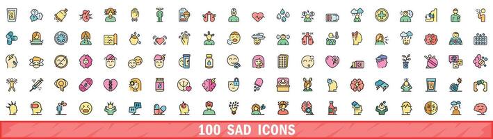 100 sad icons set, color line style vector