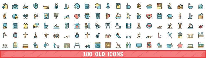 100 old icons set, color line style vector