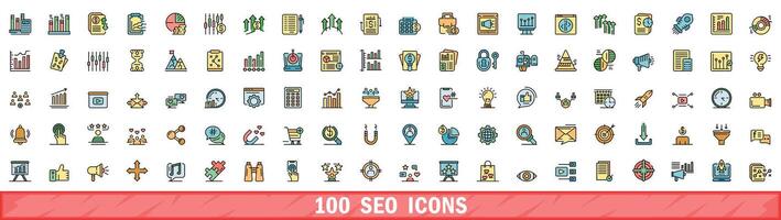 100 seo icons set, color line style vector