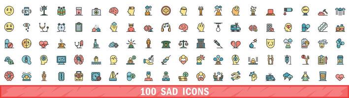 100 sad icons set, color line style vector