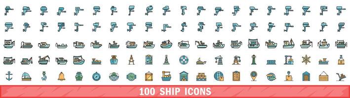 100 ship icons set, color line style vector