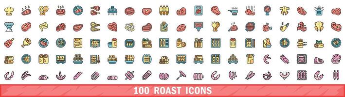 100 roast icons set, color line style vector