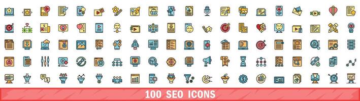 100 seo icons set, color line style vector
