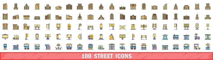 100 street icons set, color line style vector