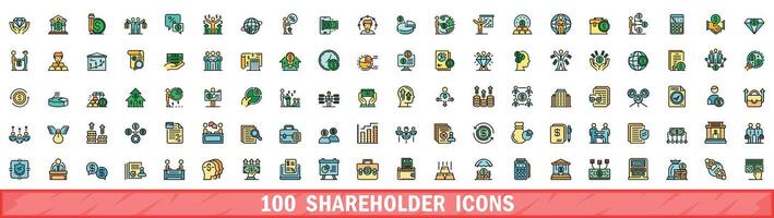 100 shareholder icons set, color line style vector