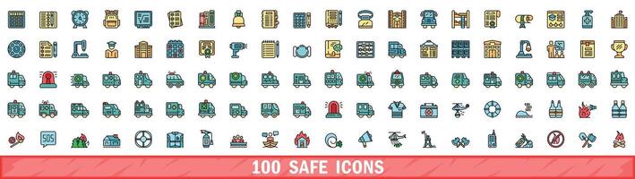 100 safe icons set, color line style vector