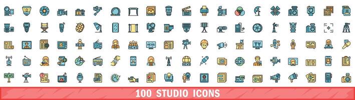 100 studio icons set, color line style vector