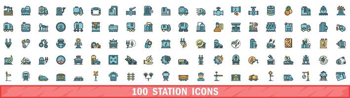 100 station icons set, color line style vector