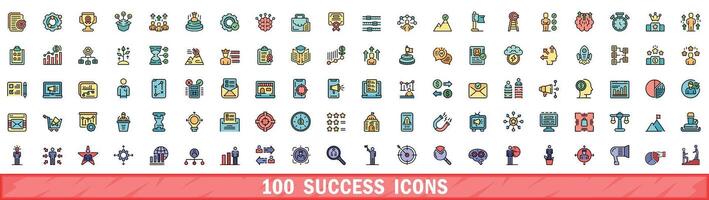 100 success icons set, color line style vector